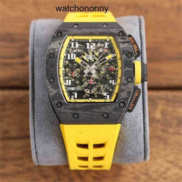 Designer Ri mlies Relógios de luxo Rm011 Net Hollow Red Fiber Watch Todo Carbono FM Silicone Multifuncional Mens 7750 Automatics Timing Machine