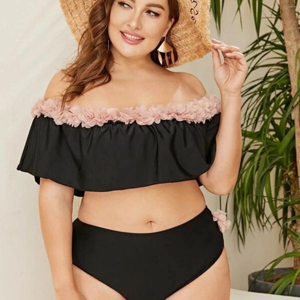 Mulheres Swimwear 2023 Duas Peças Plus Size Swimsuit Mulheres High Wast Um Ombro Feminino 3D Flor Ruffles Banheira Terno de Natação 4XL