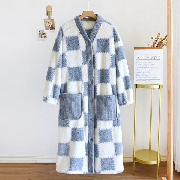 Mulheres sleepwear xadrez único breasted robe flanela quente inverno homewear feminino engrossar peignoirs aconchegante quimono vestido solto camisola