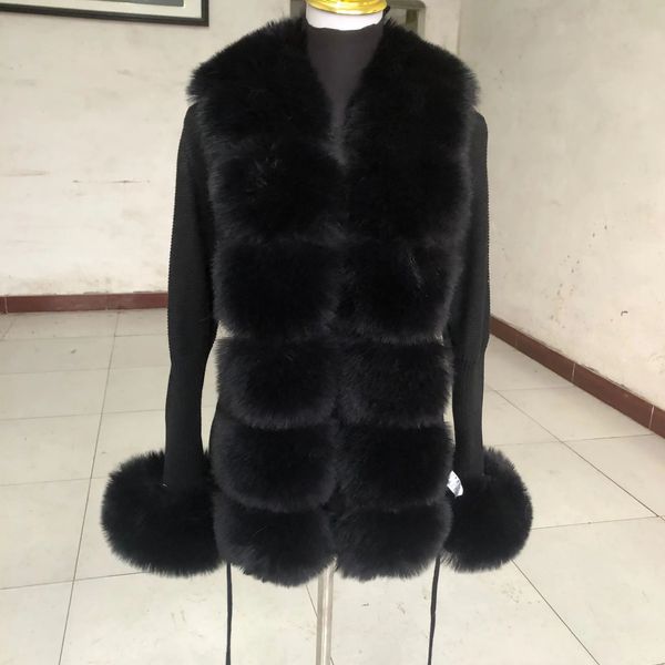Suéter recortado de pele sintética feminino, cardigã primavera outono de malha de pele sintética com gola de pele de raposa falsa, casaco feminino 231128