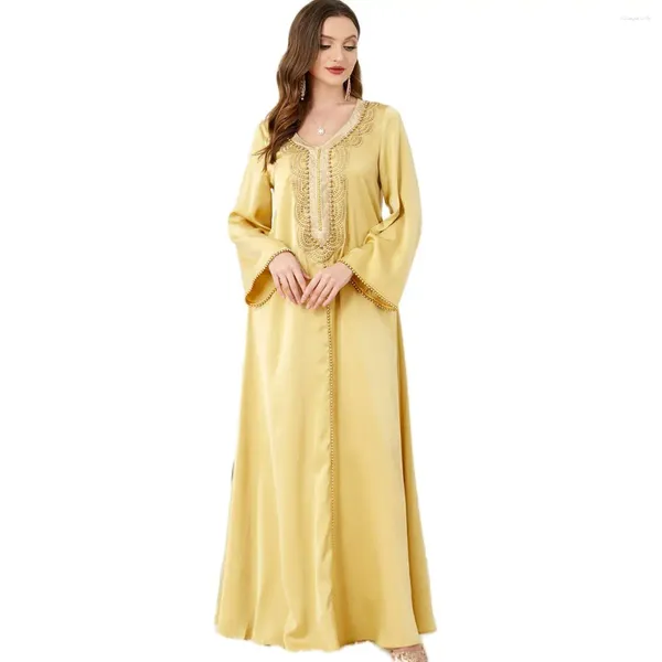 Ethnische Kleidung Stilvolles Abaya-Kleid mit V-Ausschnitt, komplizierte, mit Perlen verzierte, lange Ärmel, nahöstliche Abayas für Frauen, Vestidos Elegantes Para