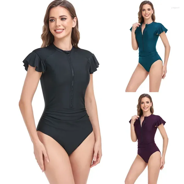 Costume da bagno da donna Costume da bagno stile europeo e americano Tinta unita Bikini monopezzo con volant Manica corta Girocollo Cerniera per le donne