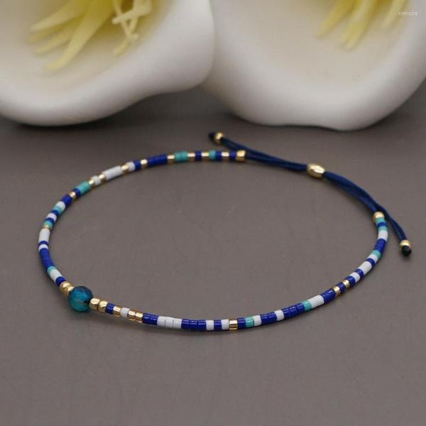 Pulseira de fios com miçangas de safira minimalista vintage Sapphire Trendy Praio de arroz boêmio personalizado de tecido ajustável