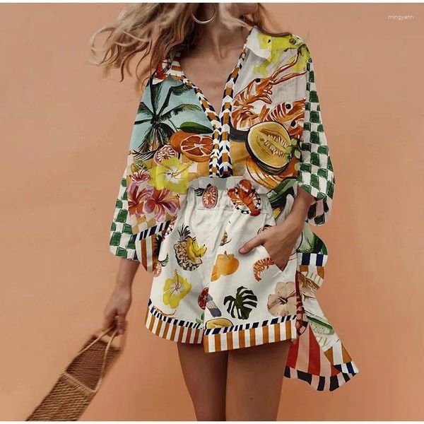 Tute da donna Abito da spiaggia con stampa animalier di frutta Manica corta da donna Colletto rovesciato Camicie con orlo irregolare allentato Set Pantaloncini a gamba larga