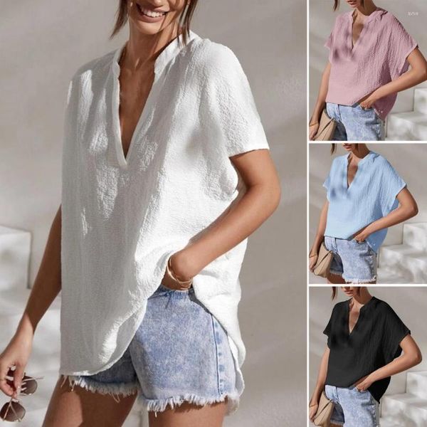 Damenblusen Sommerbluse Einfarbig Lose V-Ausschnitt Low-Cut Kurzarm Lady Shirt Pullover Bequeme Weiche Frauen Top Weibliche Kleidung