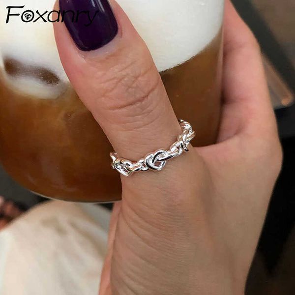 Bandringe FOXANRY Silberfarbene Ringe für Frauen Trendy Elegant Kreative Webstruktur LIEBE Herz Mädchen Party Schmuck Geburtstagsgeschenke Z0428