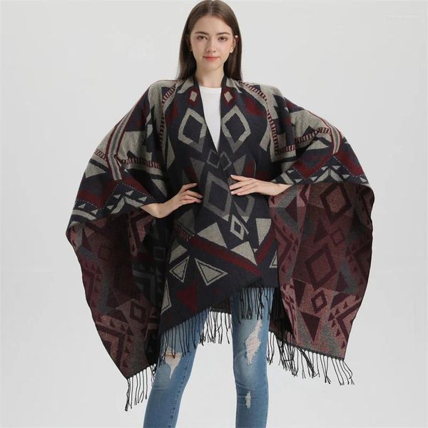 Lenços Poncho Couro Franja Design Listrado Patchwork Oversize Shawl Wrap Scarf Inverno Cashmere Mulheres