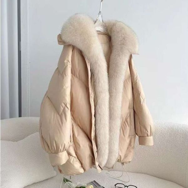 Nova gola de penas de raposa grande ganso para baixo casaco versátil para baixo casaco de pele feminina de alta qualidade cabelo verdadeiro outono e inverno