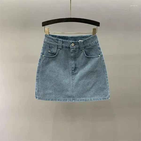 Saias Cinessd 2023 Primavera e Verão Não-Elástico Vermelho Denim Saia Cintura Alta Emagrecimento A-Linha Bainha Anti-Exposição