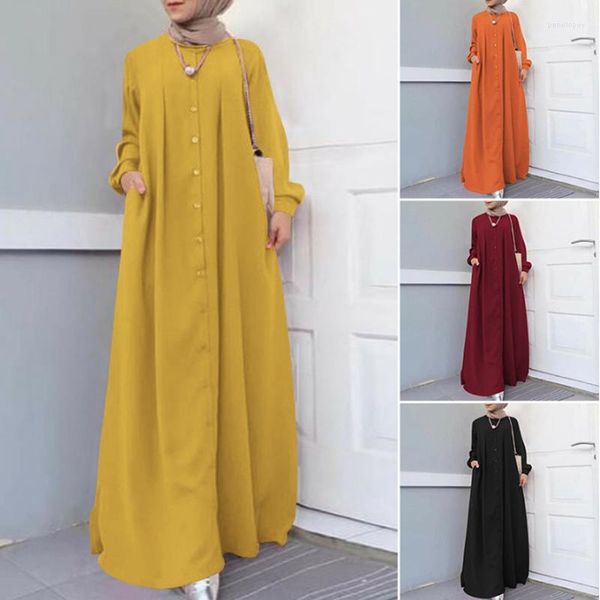 Vestidos casuais vestido de tamanho muçulmano 6xl 5xl 4xl Moda de bolso feminino de cor sólida com temperamento solto vestido de passageiro
