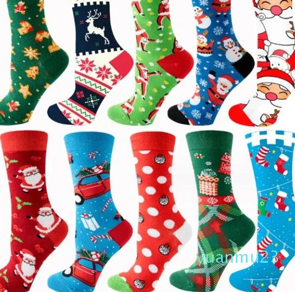 Chaussettes de noël en coton pour hommes, chaussettes graphiques amusantes, père noël, Elk, bonhomme de neige, dessin animé, longues, respirantes, cadeau de noël