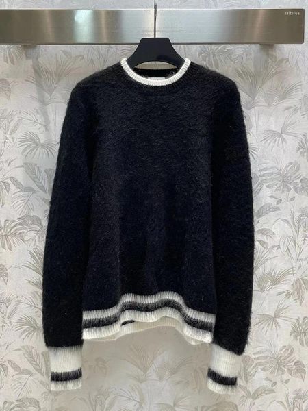 Suéter feminino moda contraste cor lã mohair suéter para mulheres 2023 outono de alta qualidade macio fofo o-pescoço manga comprida casual jumper