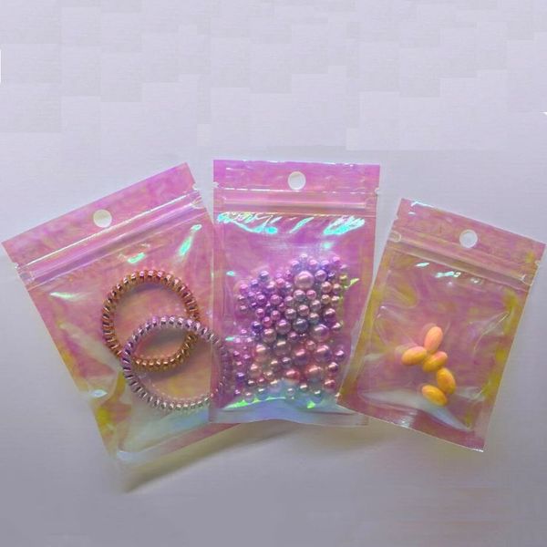 Sacos de embalagem OPP compostos de filme iridescente reutilizável com furo redondo para pendurar joias, cosméticos