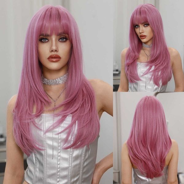 Perucas sintéticas rosa em camadas peruca feminina moda longa reta cabelo fino videira rosa roxo conjunto de cabeça de fibra química