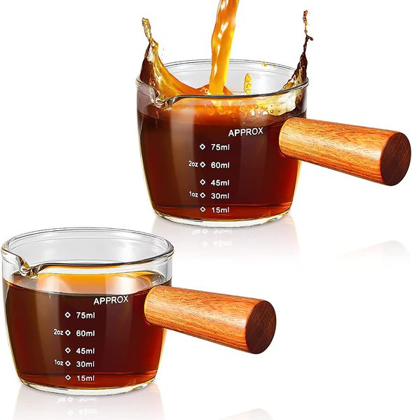 50/75/100ml Copo de medição de café expresso com alça de madeira duplo/único bico único cafeteira de vidro retro jarro de leite resistente ao calor