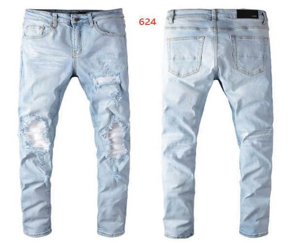 Amrii Strappato Designer Y2k Uomo Marca High Street Blue Hole Jeans Uomo Patch Slim Pantaloni in denim elastico Prezzo Skinny Vita bassa Scratch Mid3685017