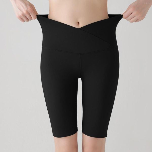 Shorts femininos esportes sem costura mulher curta cintura alta calças de cinco pontos calças finas de cilindro de peles fino de cicla