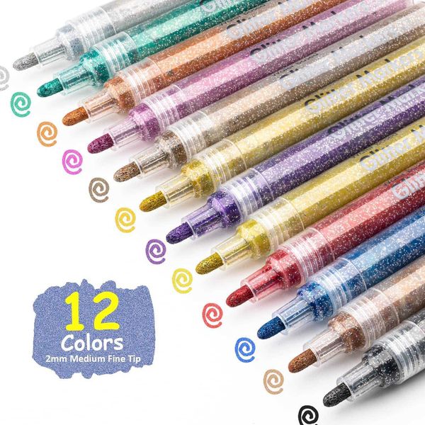 Marcadores de pincel em aquarela caneta 12 cores 3mm Glitter Metallic Pens for Kids Adults Greeting Card Art Desenho de Pintura de Rock Posters P230427