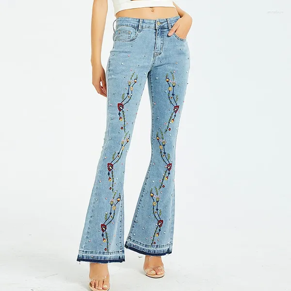 Jeans da donna a vita alta elasticizzati con perle ricamate con diamanti floreali Pantaloni svasati da donna Pantaloni a gamba larga in denim con fondo a campana con perline