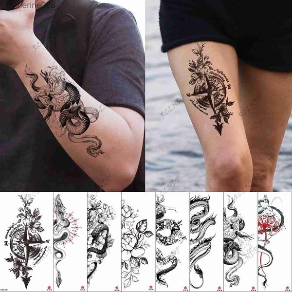 Tatuagens coloridas desenho adesivos impermeável tatuagem temporária adesivocompass flor dragão falso tatto flash tatoo braço tato para menina mulheres menl231128