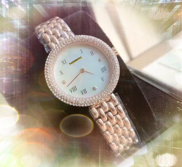 Высококачественные популярные полные бриллианты Кольцевые часы Япония Кварц Движение Женское браслет водонепроницаемый ремешок из нержавеющей стали римские цифровые цифровые номера подарки.