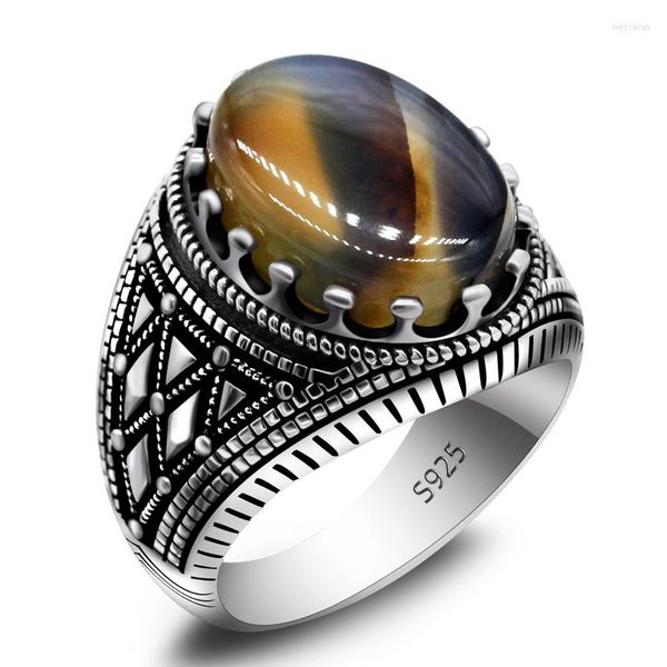 Rings de cluster Anel de masculino vintage 925 prata esterlina com oval Oval Onyx Stone Check Stripe Design de jóias de peru para o marido