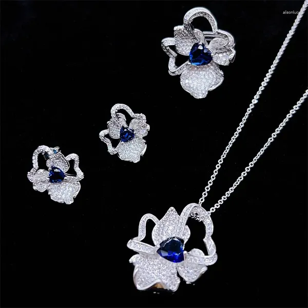Colar brincos conjunto elegante flor azul marinho zircônia anel para mulheres jóias de noiva luxo estética vintage presente de noivado