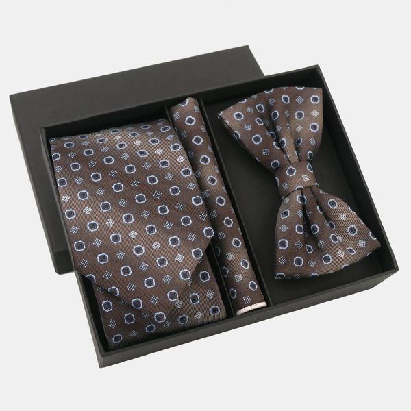 Laços de poliéster jacquard gravata terno marrom série negócios masculino gravata quadrada lenço de quatro peças caixa de presente atacado gravata borboleta 231128