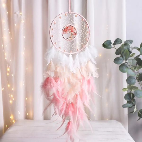 Decorazioni natalizie Creativo Piuma rosa Acchiappasogni Naturale Albero della vita spezzato Ciondolo in piume Casa Dreamcatcher Ornamenti Arredamento camera da letto 231127