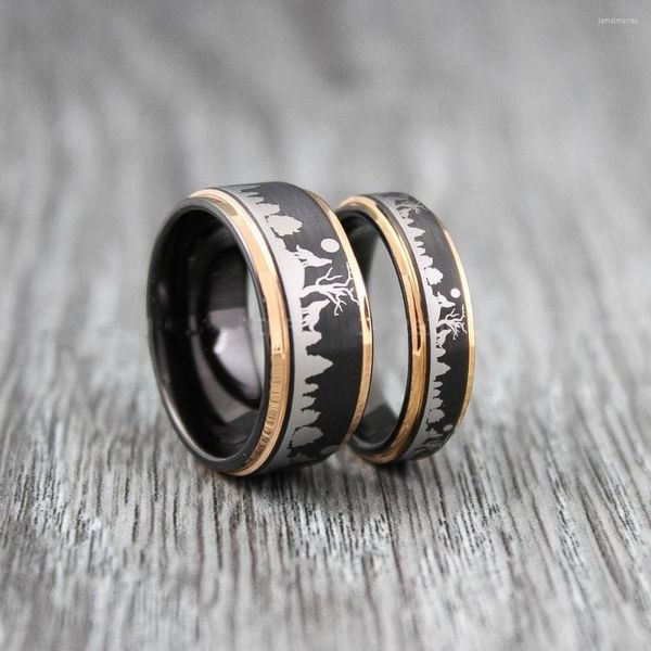Anéis de casamento 6mm/8mm Casal set tungsten preto uivando lobos lobos e lua com gravação de banda de moda anel de noivado para homens