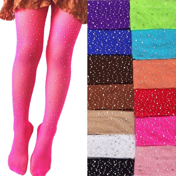 Crianças meias keluaran baru kaus kaki tabung glitter glitter bling berlian imitasi jaring jala anak balita alimentando anak perempuan calça 230428