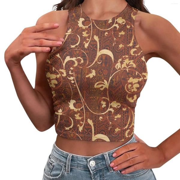 Damen-Tanks Polynesian Tribal Hawaiian Totem Tattoo Hawaii-Drucke Ärmelloses Damen-Tanktop mit O-Ausschnitt und schmaler Passform, freiliegender Nabel, Mini-Vintage