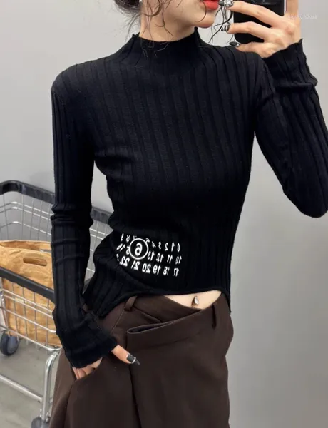Suéteres femininos mmsix 2023 moda coreana impressão digital camisola de gola alta qualidade malhas alta-elástica base quente