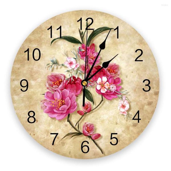 Настенные часы цветочные растения акварель ретро -часы домашний декор спальня тихий Oclock Watch Digital для детских номеров