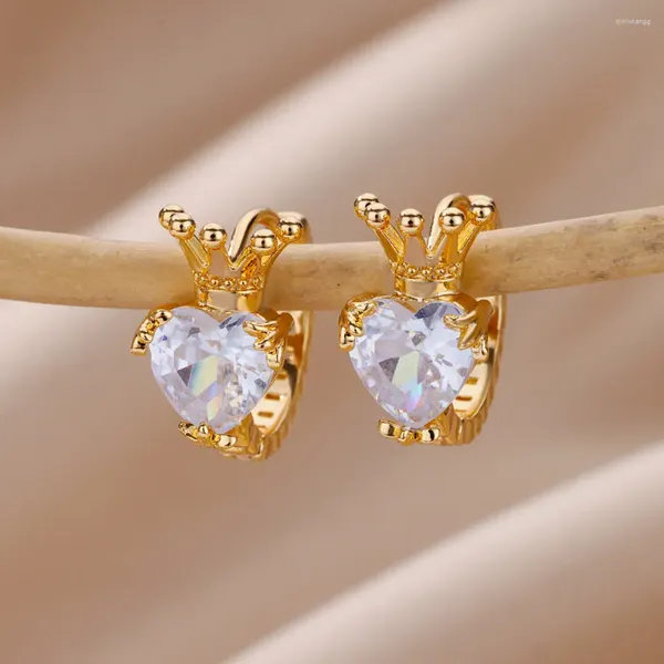 Brincos de argola coroa coração zircão para mulheres aço inoxidável 2023 tendência banhado a ouro casamento piercing jóias de orelha
