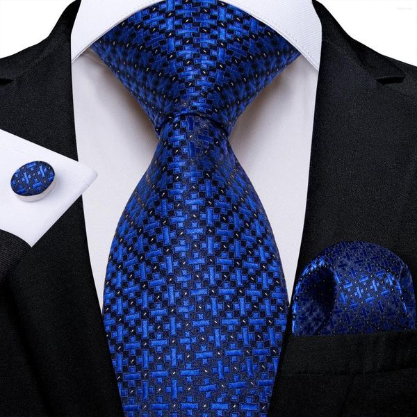 Fliegen Luxus Blau Und Schwarz Plaid Seide Für Männer Mode Hochzeit Prom Bräutigam Zubehör Krawatte Taschentuch Ehemann Geschenk Großhandel
