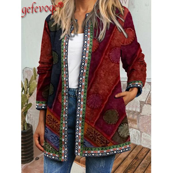Kadın Ceketler y2k Sonbahar Kış Vintage Etnik Stil Hırka Uzun Kollu Baskı Bayanlar Gevşek Dış Giyim Palto Harajuku Şık Üstleri Kadınlar 231127