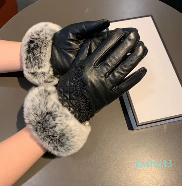 Fünf-Finger-Handschuhe, Designer-Lederhandschuh für Damen, Schaffell, Kaninchenfell, Winter-Fäustling für Damen, offizielle Replik, Gegenqualität, europäische Größe, T0p