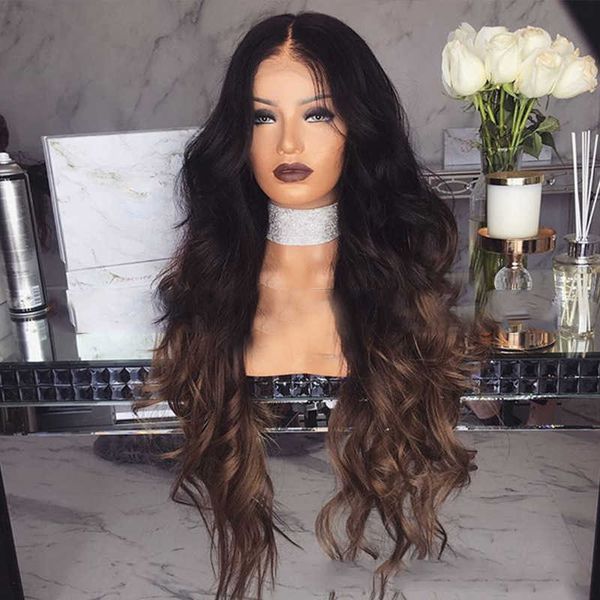 Perucas sintéticas Feng Mulheres Peruca Conjunto Moda Mid Split Longo Cabelo Encaracolado Estilo Preto a Amarelo Cor Gradual Mudando Peruca de Fibra Química