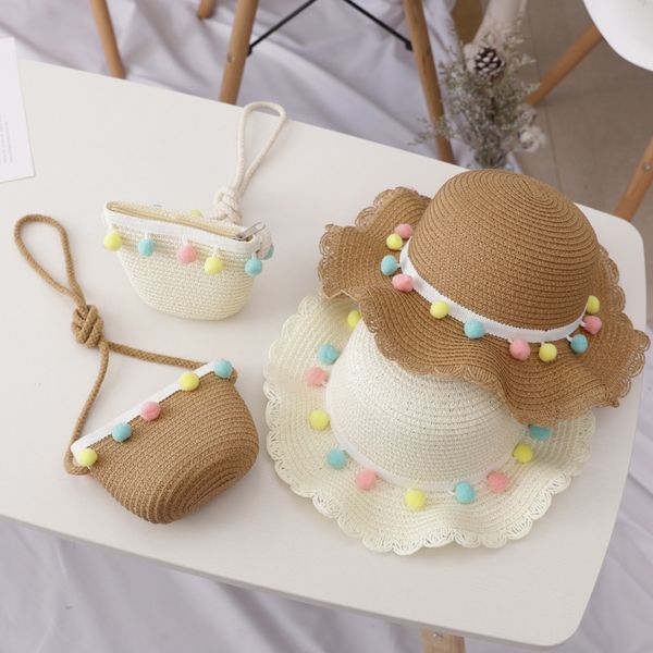 Caps Hats Kids Girls Girls Large Wide Brim Stravo tecido Sun Protection Chapéu de praia colorido Pompom Ball Summer Summer Balde Bolsa portátil 230427