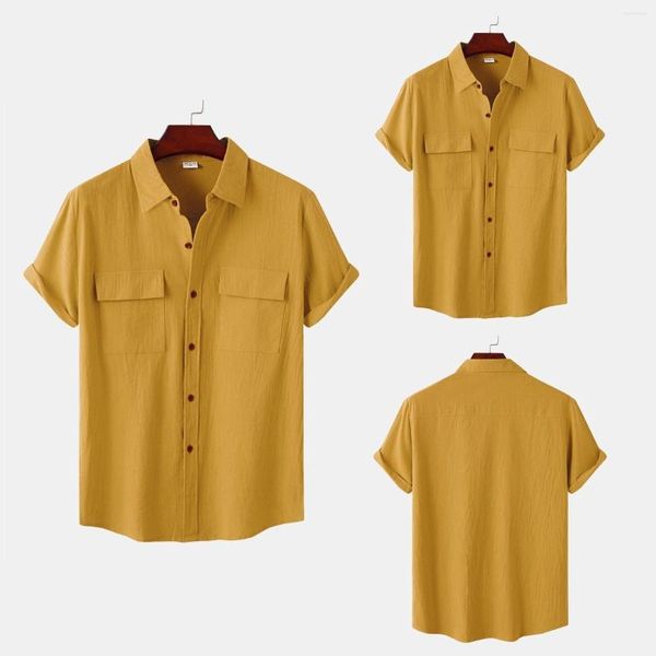 Herren T-Shirts Herren Sommer Hawaii Festes Hemd Kurzarm Doppeltasche Umlegekragenknopf