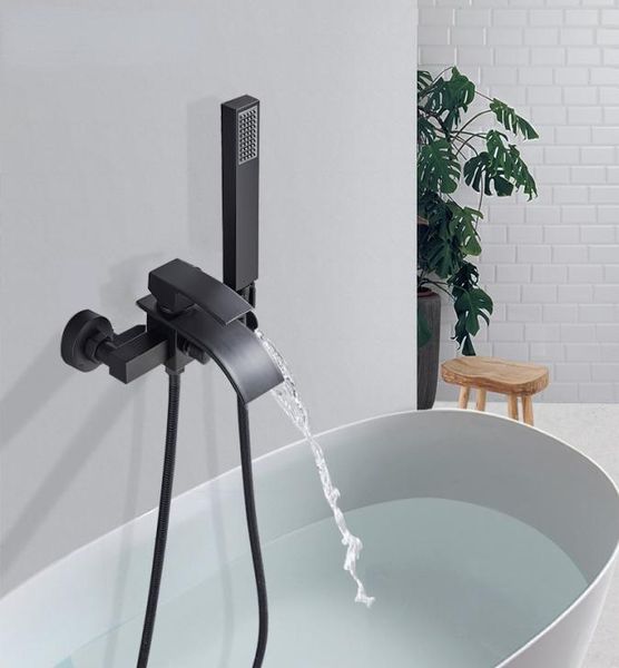 Mattschwarzer Badezimmer-Wannen-Wasserhahn, Einhand-Wasserfall-Auslauf mit Handbrause, Kaltwasser-Mischbatterie, Wandmontage, Bad-Wasserhahn2008841