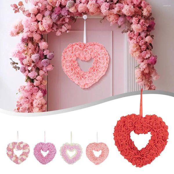 Fiori decorativi Ghirlanda di San Valentino per la porta d'ingresso a forma di cuore Ghirlanda di fiori artificiali di rosa Ghirlanda di fiori di peonia finta di seta Appeso a parete