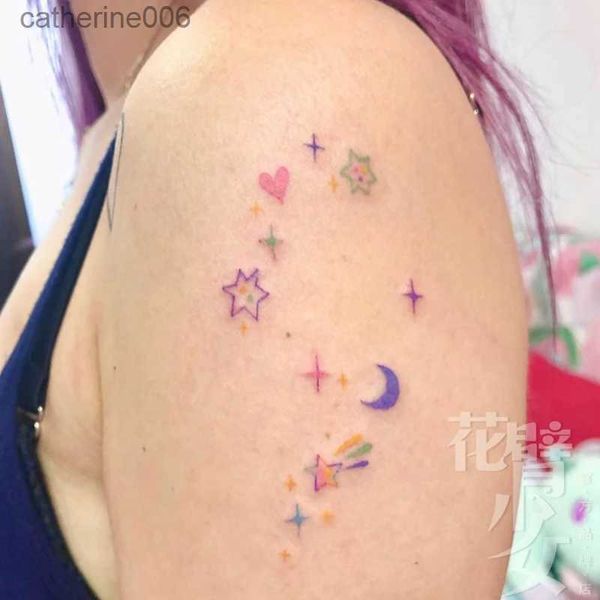 Tatuagens coloridas desenho adesivos à prova dwaterproof água tatuagem temporária adesivo colorido estrelas lua amor tatuagem flash braço feminino l231128