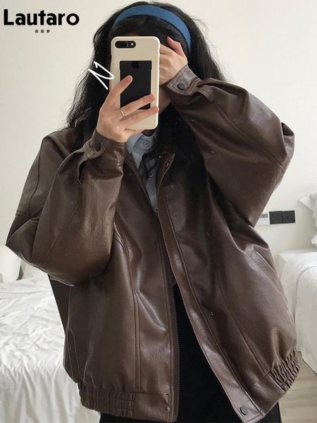 Куртки Lautaro, весенне-осенняя оверсайз-ретро, черная, коричневая кожаная куртка, женская свободная повседневная кожаная куртка на молнии с длинным рукавом, крутая корейская одежда 2022