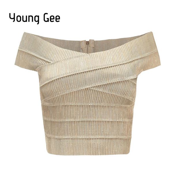 Canottiere Young Gee Oro Nero Scollo a V con spalle scoperte Fasciatura da donna Crop Top Sexy Bodycon Canotte Estate Ritagliata Fitness Streetwear blusas