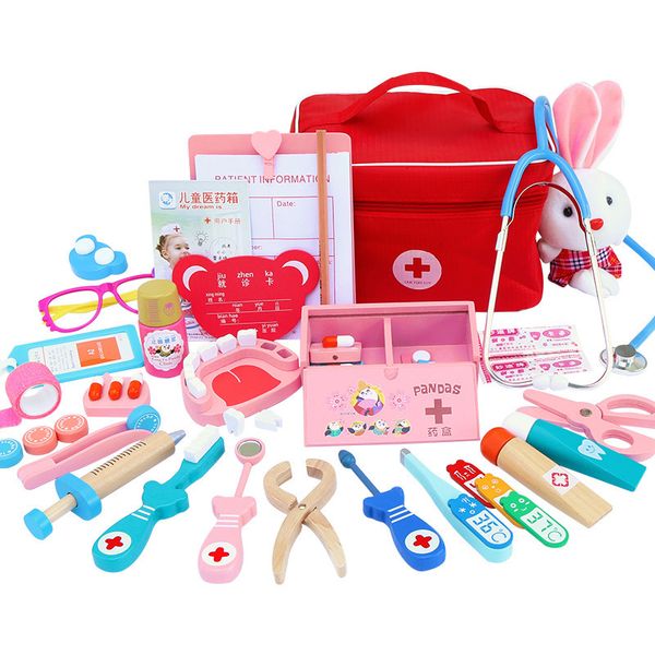 Beauty Fashion Doctor Toys for Children Set Kids Wooden Pretend Play Kit Giochi Ragazze Ragazzi Red Dentist Medicine Box Borse di stoffa 230427