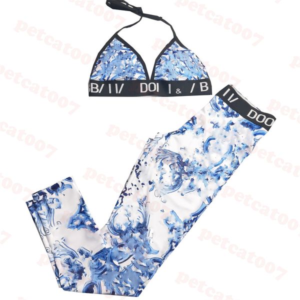 Дизайнерская йога наряд женская сексуальная лифчика Sexy Bra Set Blue Pattern Swimwear для женщин. Погрузки на топы эластичные брюки