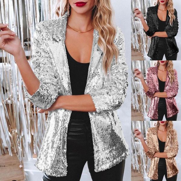 Ternos femininos feminino lantejoulas lantejoulas jaqueta casual manga longa glitter festa brilhante lapela rave outerwear casaco das mulheres coletes moda elegante