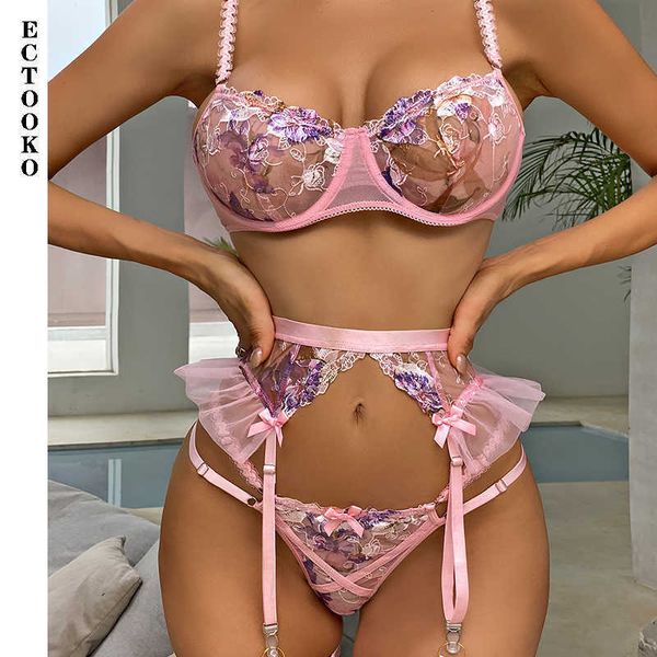 Set sexy ECTOOKO 2022 Lingerie femminile Calze con volant Reggiseno trasparente e perizoma 3 pezzi Intimo Donna dura Set intimo fantasia rosa P230428